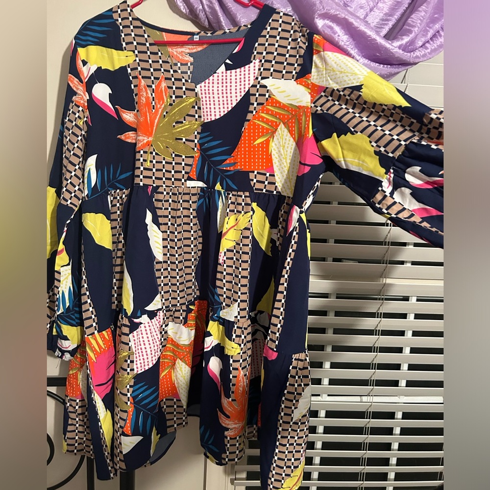 multi colored floral dress. above knee length. xxl soft + breathable.